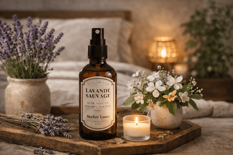 Brume de lavande posée sur une table en bois avec bouquet de lavande et bougie allumée dans une chambre à l’ambiance apaisante